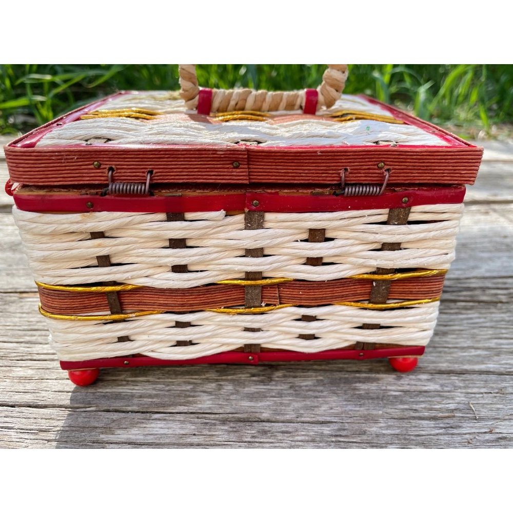 Vintage raffia straw Small Sewing Box Retro Red - Picture 14 of 15